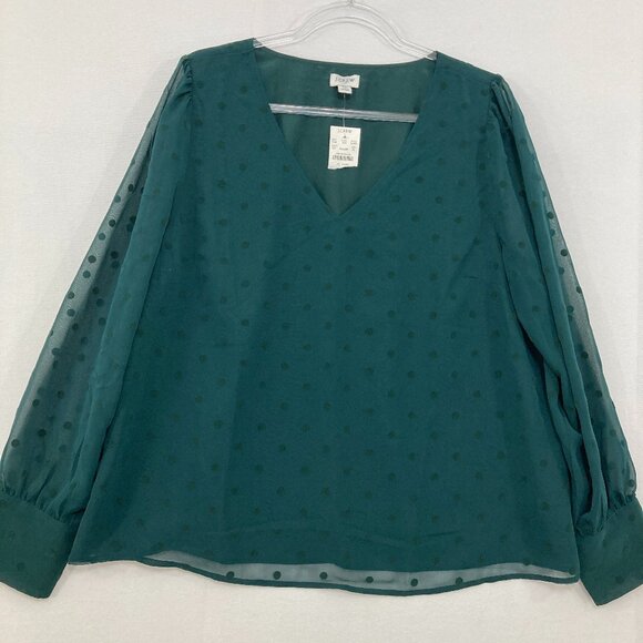 J. Crew Factory Tops - New J. Crew size XL Green V Neck Swiss Dot Long Sleeve Chiffon Blouse Preppy